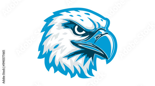 A stylized illustration features an eagle's head with a determined gaze and vibrant blue and white hues