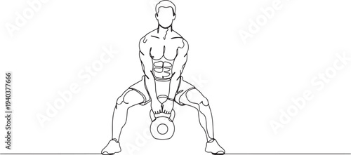 Continuous line art of man performing kettlebell squat workout