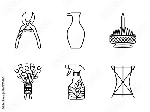 Set of florist and gardening tools line icons isolated on white background for flower arrangement and plant care business concepts
