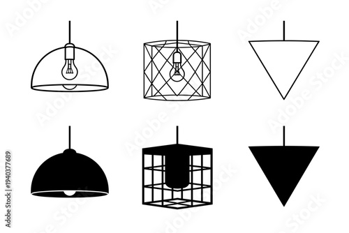 Set of modern pendant light fixtures and lamp interior design icons isolated on white background for home decor and renovation concepts