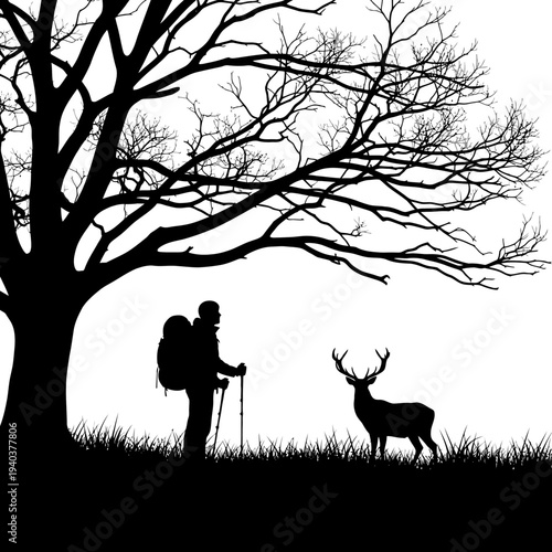 Hiker with backpack standing under bare tree next to deer