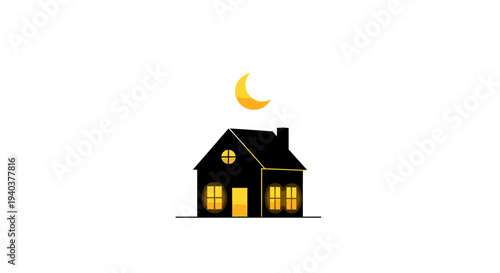 Cozy house with glowing windows under a crescent moon at night, a peaceful home illustration