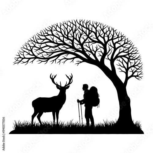 Hikers with deer under bare tree silhouette