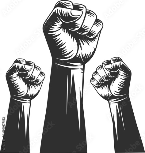 Powerful Black and White Vector Illustration of Three Raised Clenched Fists Symbolizing Unity Strength Freedom and Revolution
