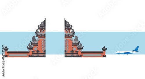 Exotic Travel Illustration with Traditional Balinese Gate and Flying Airplane, Symbolizing Faraway Destinations and Tropical Getaways