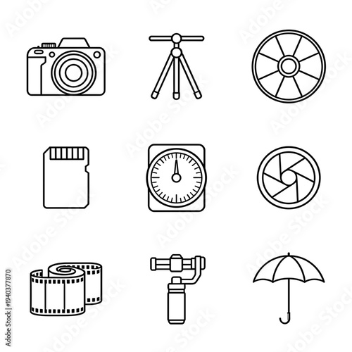 Collection of photography and videography equipment icons, including professional camera, tripod, lens filter, memory card, light meter, aperture, film reel, gimbal, and umbrella