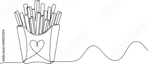 Continuous line art of french fries in a paper box with a heart, snack vector.