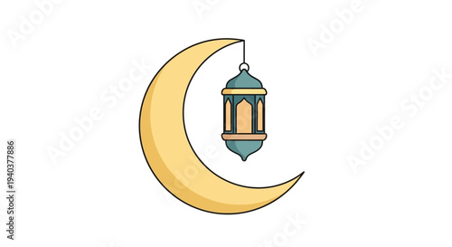 Golden crescent moon with a hanging ornate lantern, a spiritual symbol for festive celebrations