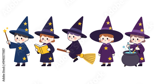 Set of whimsical little wizard characters with magic hats, performing various activities like casting spells with a magic wand, reading a spellbook, flying on a broom, and brewing a potion