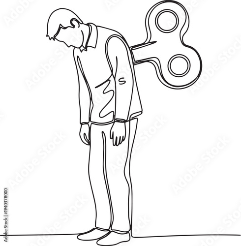 Continuous line art of a tired man with a wind-up key in his back, burnout concept.