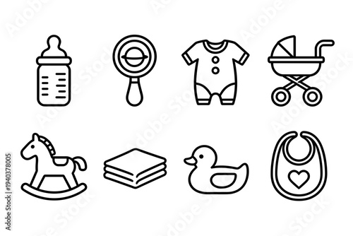 Baby care and newborn nursery essentials line icon set including bottle, rattle, clothes, stroller, rocking horse, blanket, duck toy and bib for infants