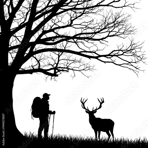 Hiker with backpack standing near deer under bare tree silhouette