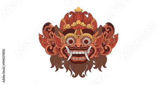 Traditional Balinese mask illustration, a fierce guardian spirit with intricate details and vibrant colors