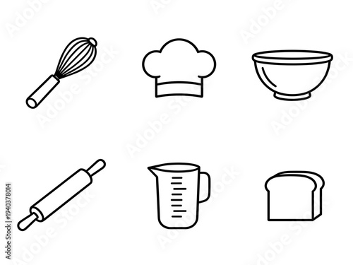 Baking and pastry preparation kitchen tools icons set featuring whisk, chef hat, mixing bowl, rolling pin, measuring cup and fresh bread loaf design