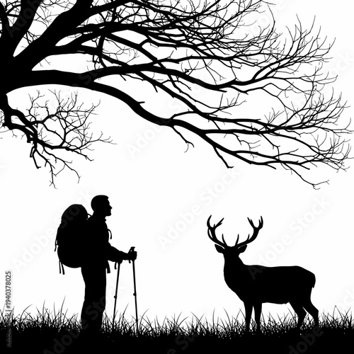 Hiker with backpack encounters majestic deer under bare tree