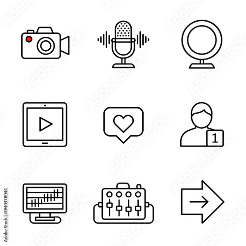 Digital content creation and streaming icons set featuring camera, microphone, webcam, video player, like, notification, monitor, mixer and navigation arrow