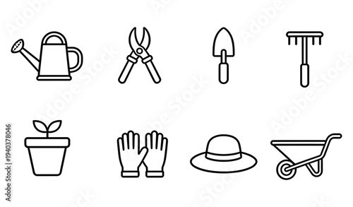 Gardening tools and equipment flat line icons set featuring watering can, pruning shears, trowel, rake, plant pot, gloves, hat and wheelbarrow for farming