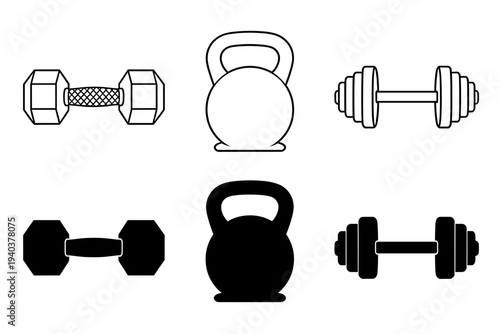 Various fitness and gym equipment icons including dumbbells kettlebells and weightlifting gear for workout training and bodybuilding sports website design assets