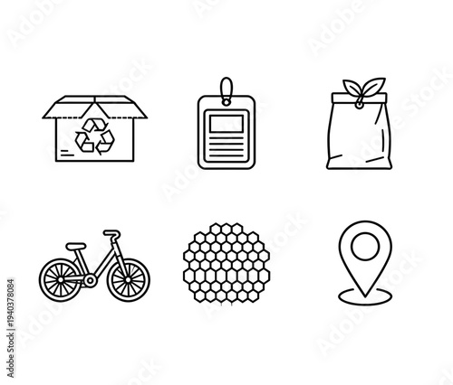 Eco friendly and sustainability concept icons featuring recycling bin parcel tag paper bag bicycle honeycomb and location pin for environmental conservation design
