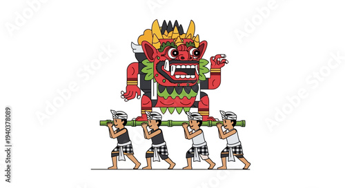 Balinese Ceremony Icon of a Demon Figure Carried by Men in Traditional Attire