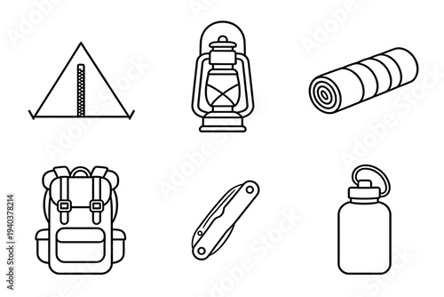 Camping and backpacking gear icon set featuring tent lantern sleeping bag backpack pocket knife and water bottle for outdoor wilderness activities and hiking trips