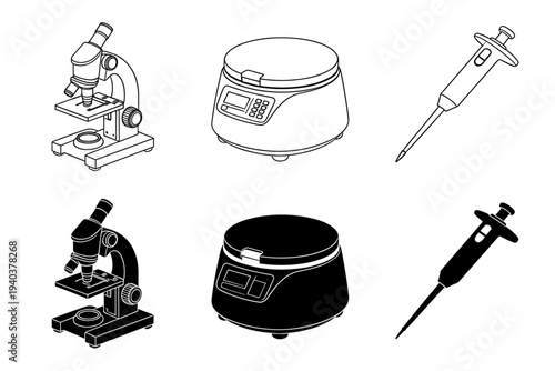 Laboratory scientific research equipment and medical analysis tools outline and silhouette icon set for clinical diagnostic development