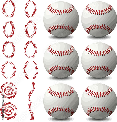 Baseball Stitches and Baseballs on White Background