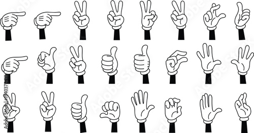 Large collection of cartoon gloved hand gestures showing thumbs up victory sign pointing and counting isolated on white background for animation and comic design