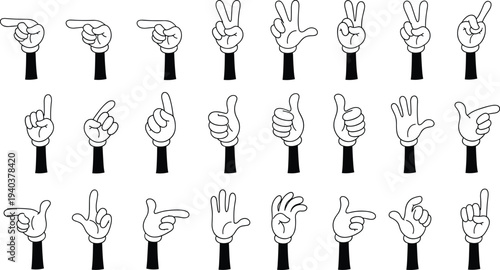 Large collection of cartoon gloved hand gestures showing pointing fingers victory signs thumbs up and counting isolated on white background for mascot character design