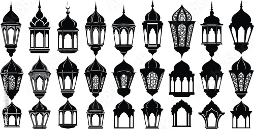 Large vector collection of black Arabic lantern silhouettes with traditional Islamic patterns isolated on white background for Ramadan Kareem Eid Mubarak and cultural decoration