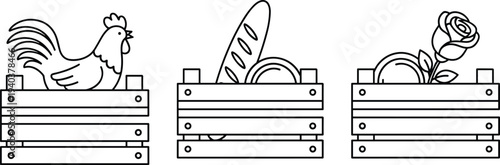 Set of three wooden crates containing a rooster, French baguette bread with cheese, and a fresh rose flower, minimalist line art icons for farm lifestyle.
