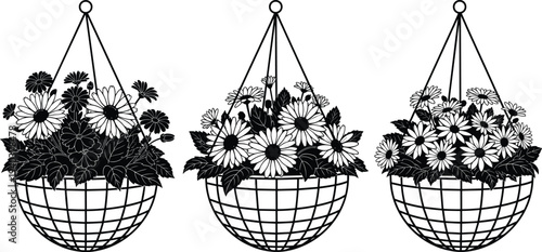 Set of three black flower silhouettes in hanging wire baskets featuring various daisy and gerbera styles with detailed leaves for garden nature design elements.