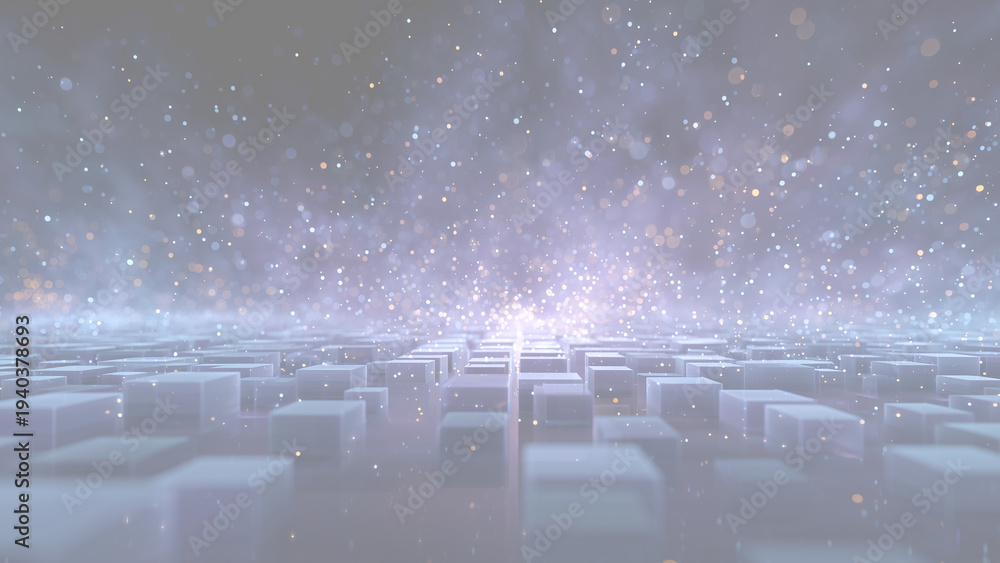 Obraz premium 青い地平線から差し込む光と手前に並ぶデジタル立方体の影