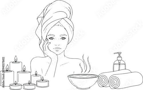 Continuous line art of a woman in a towel with spa candles and treatment bowl.