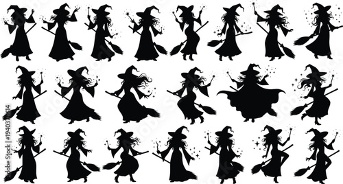 Set of various witch silhouettes featuring characters flying on broomsticks and casting magic spells with wands isolated on white background for holiday design