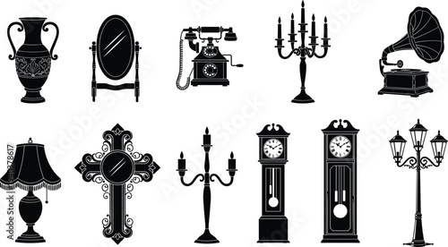 Set of vintage interior silhouettes featuring antique gramophone grand clock ornate candelabra rotary telephone mirror vase and classic street lamp icons for graphic design