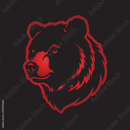 Grizzly Bear Head Illustration with Red Outline on Black Background