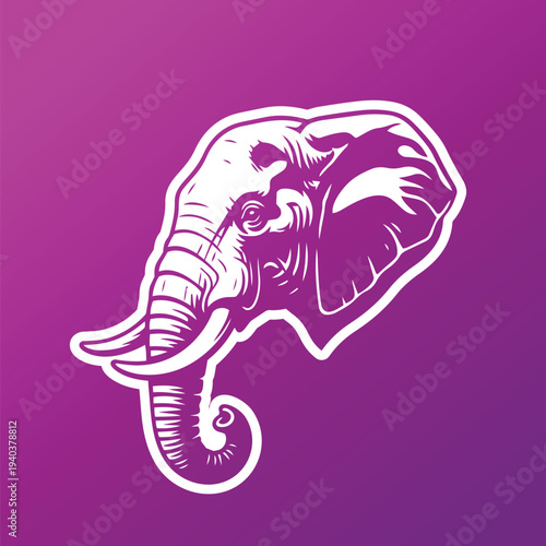Elephant Portrait Illustration with White Outline on Purple Background