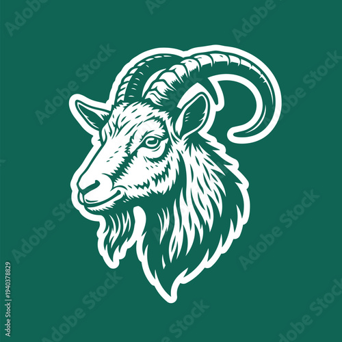 Goat Portrait Illustration with White Outline on Green Background