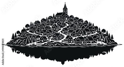 Vintage black vector sketch of a ship and boat silhouette against a retro city skyline with old castle towers and an architectural bridge landscape