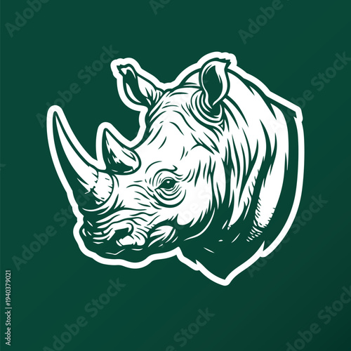 Rhinoceros Portrait Illustration with White Outline on Green Background