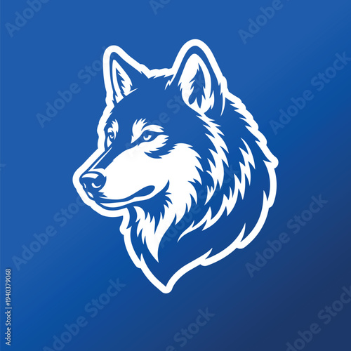 Wolf Portrait Illustration with White Outline on Blue Background