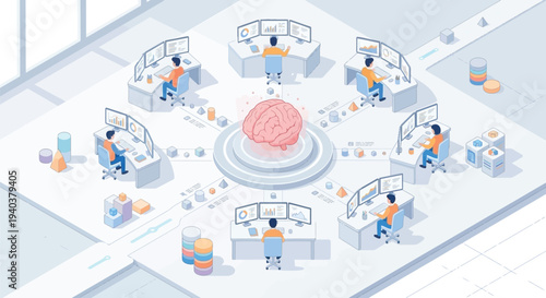 Flat vector illustration of a social network concept featuring business people in a circle with isometric technology icons for cloud computing and global web communication