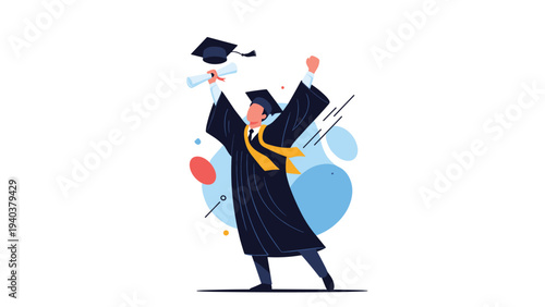 Excited graduate student wearing a traditional black academic gown and cap throwing his diploma into the air to celebrate his graduation day.
