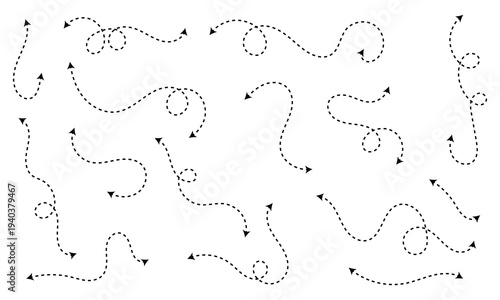 Set of double squiggle line dashed arrows. Dash curved vector editable stroke arrows . Vector Illustration .EPS 10 .