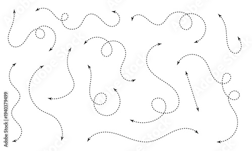 Set of double squiggle line dashed arrows. Dash curved vector editable stroke arrows . Vector Illustration .EPS 10 .