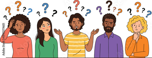 WebDiverse Group of People Feeling Confused and Thinking with Question Marks, Flat Vector Illustration of Puzzled Men and Women.