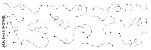 Set of double squiggle line dashed arrows. Dash curved vector editable stroke arrows . Vector Illustration .EPS 10 .