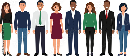 WebDiverse group of professional business people standing together in business casual and formal office attire, multicultural team vector illustration isolated.