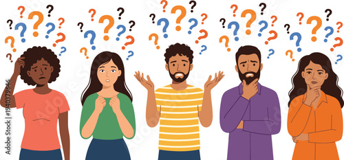 WebDiverse multiracial group of confused people with many question marks, thinking, feeling puzzled, searching for answers, and solving complex problems.